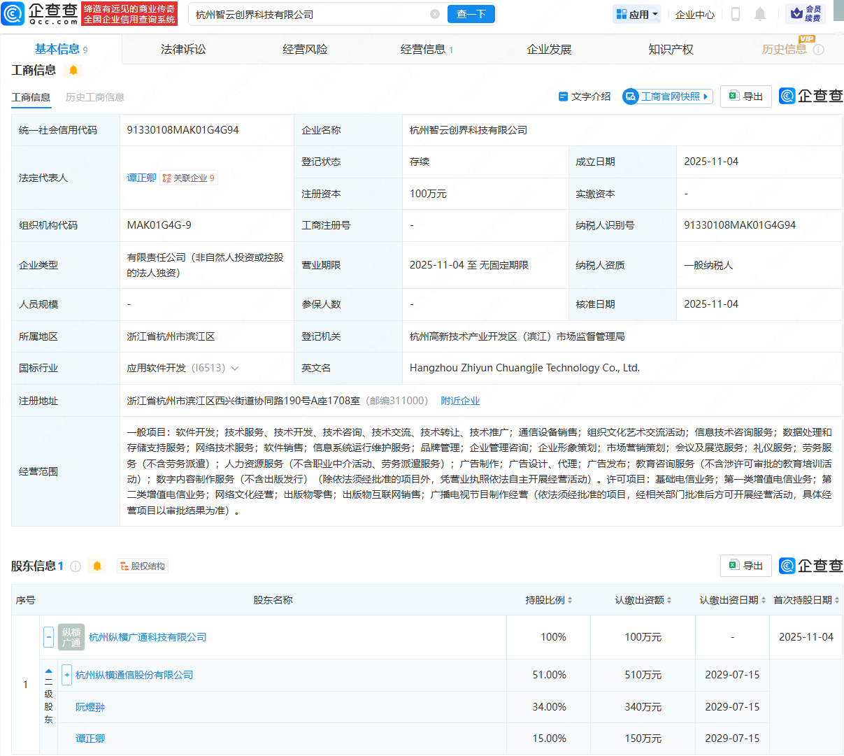 纵横通信在杭州成立智云创界科技公司