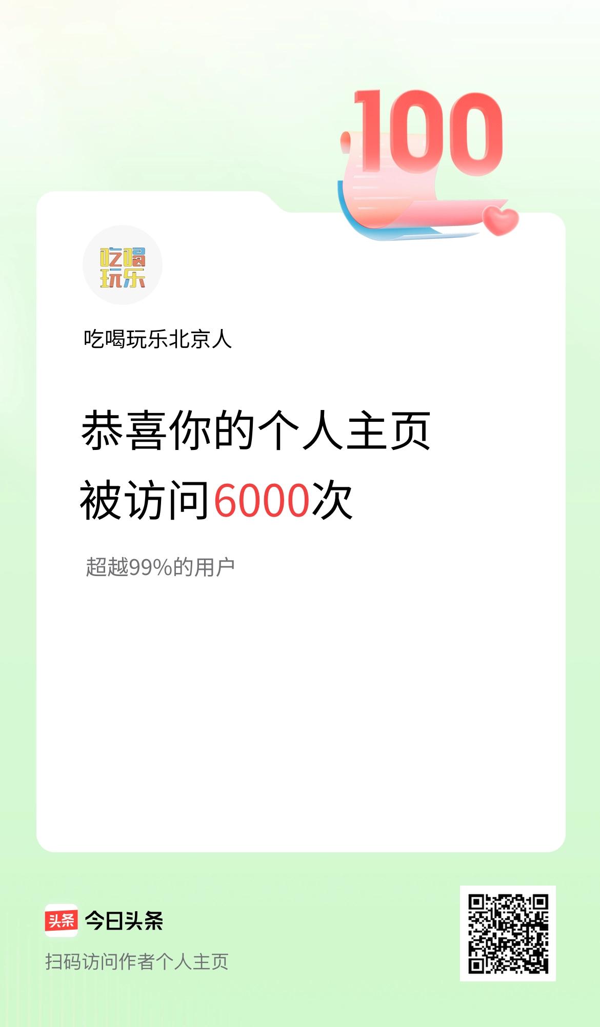 我的头条个人主页被访问6000次啦！
