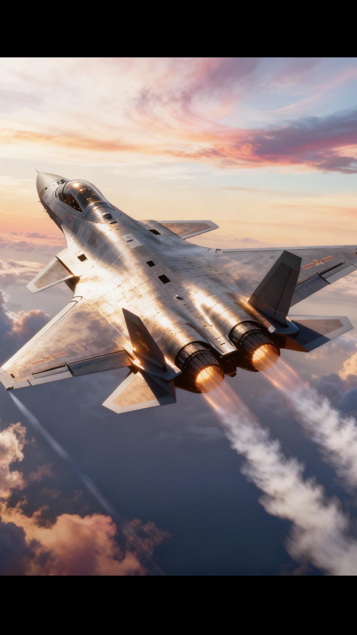 “这张空军超燃高清壁纸，以4D般的逼真质感，将战鹰翱翔于绚烂云海之上的壮丽景象完