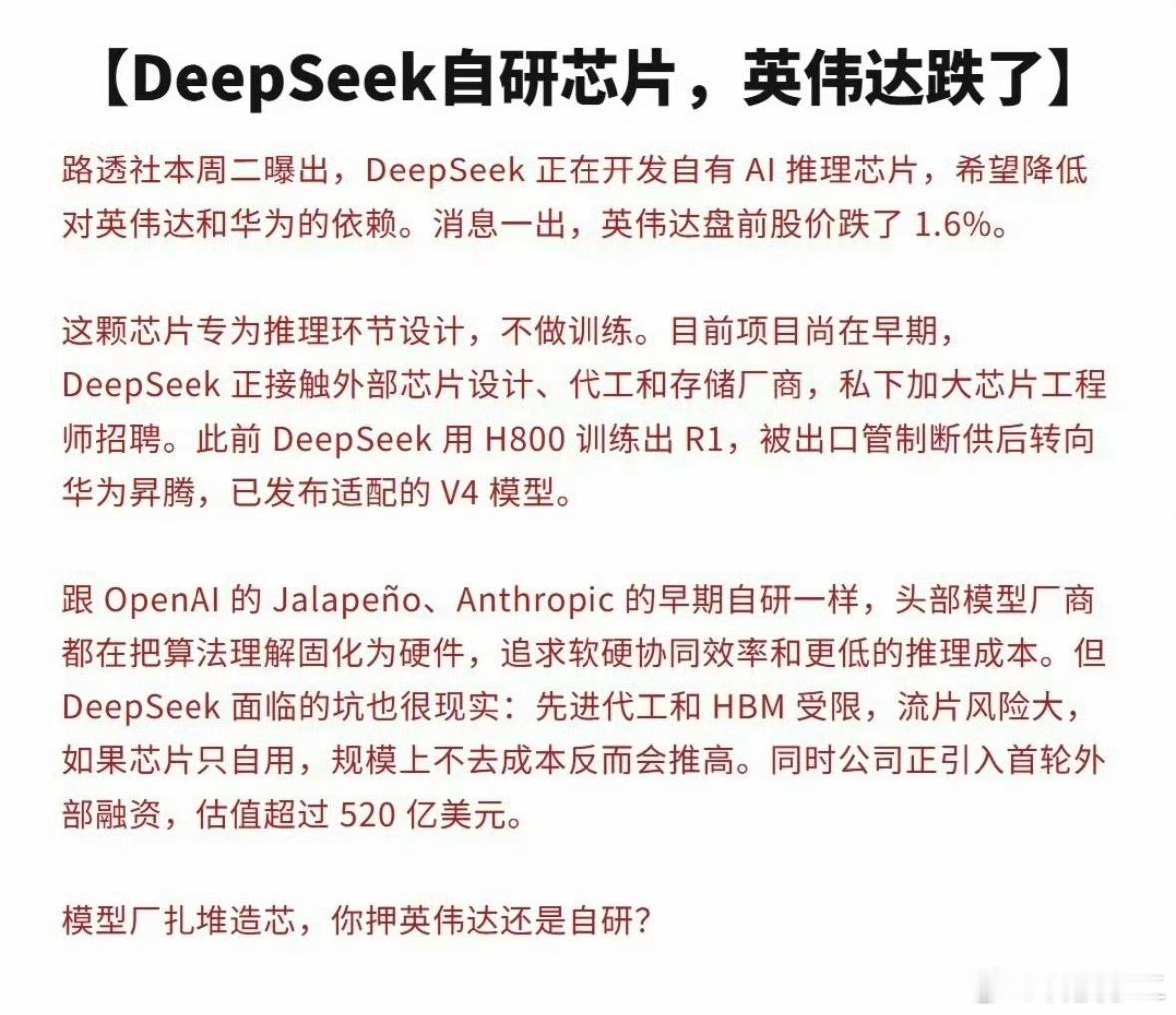 【DeepSeek造芯，英伟达抖三抖】路透社曝DeepSeek自研AI推理芯片，