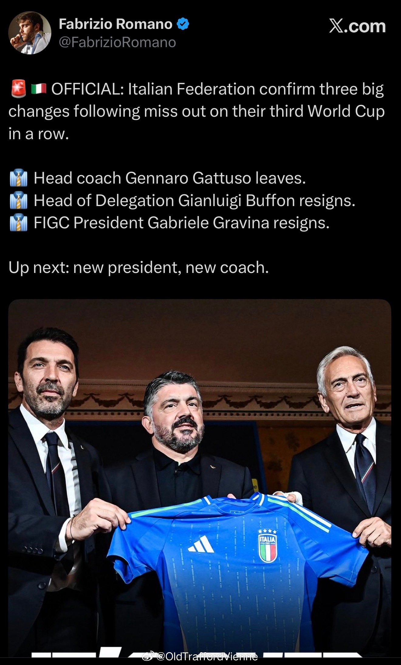 意大利足协在世界杯出局后公布三大决定：主帅加图索辞职，布冯辞职，足协主席辞职三把