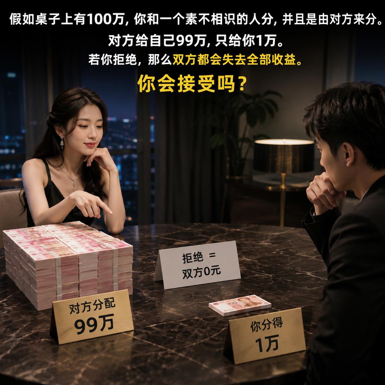 假如桌子上有100万，你和一个素不相识的人分，并且是由对方来分。 
对方给自己9