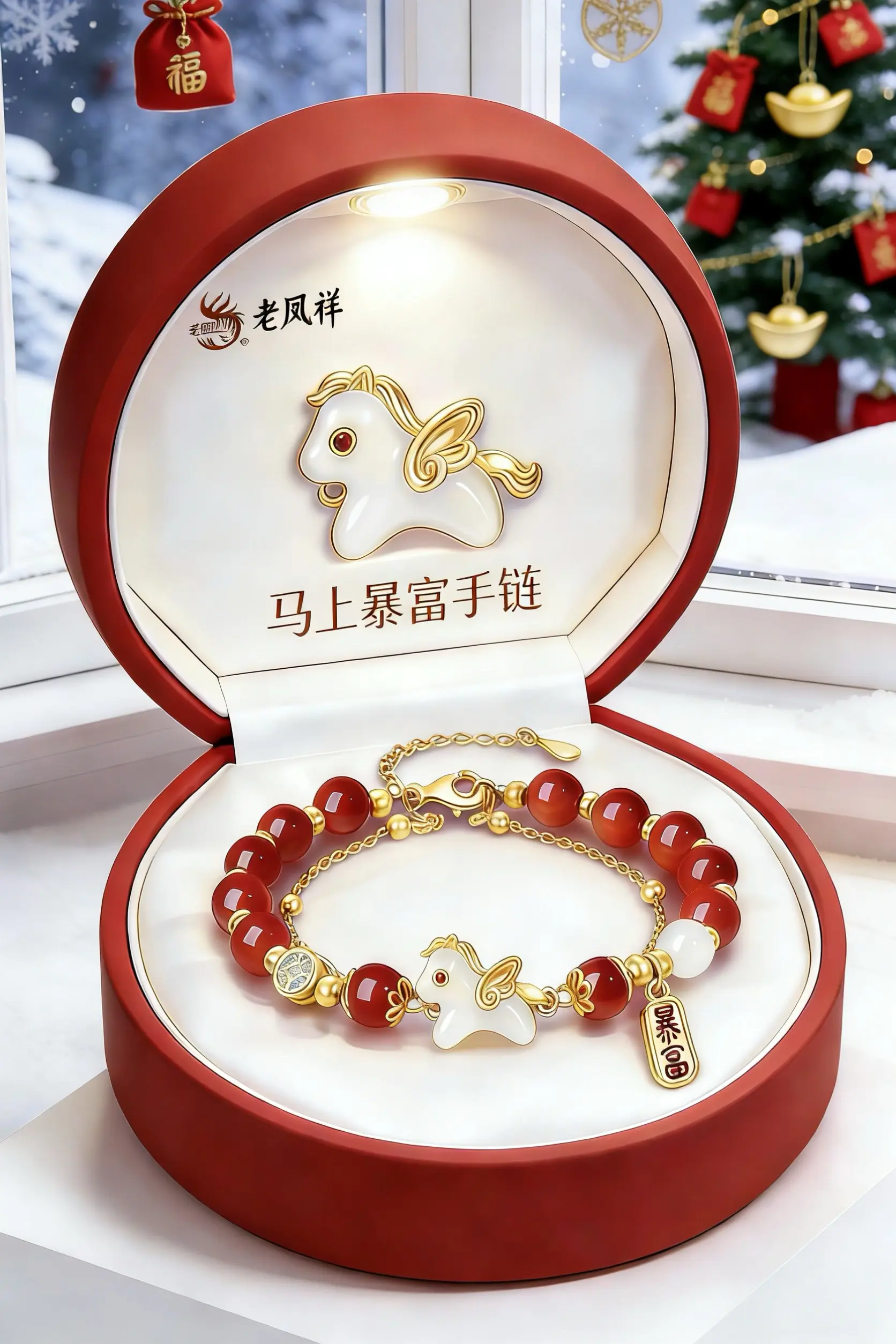 🎁老凤祥“马上暴富”手链太戳我了！红玛瑙珠子衬得手超白，小马造型精致...