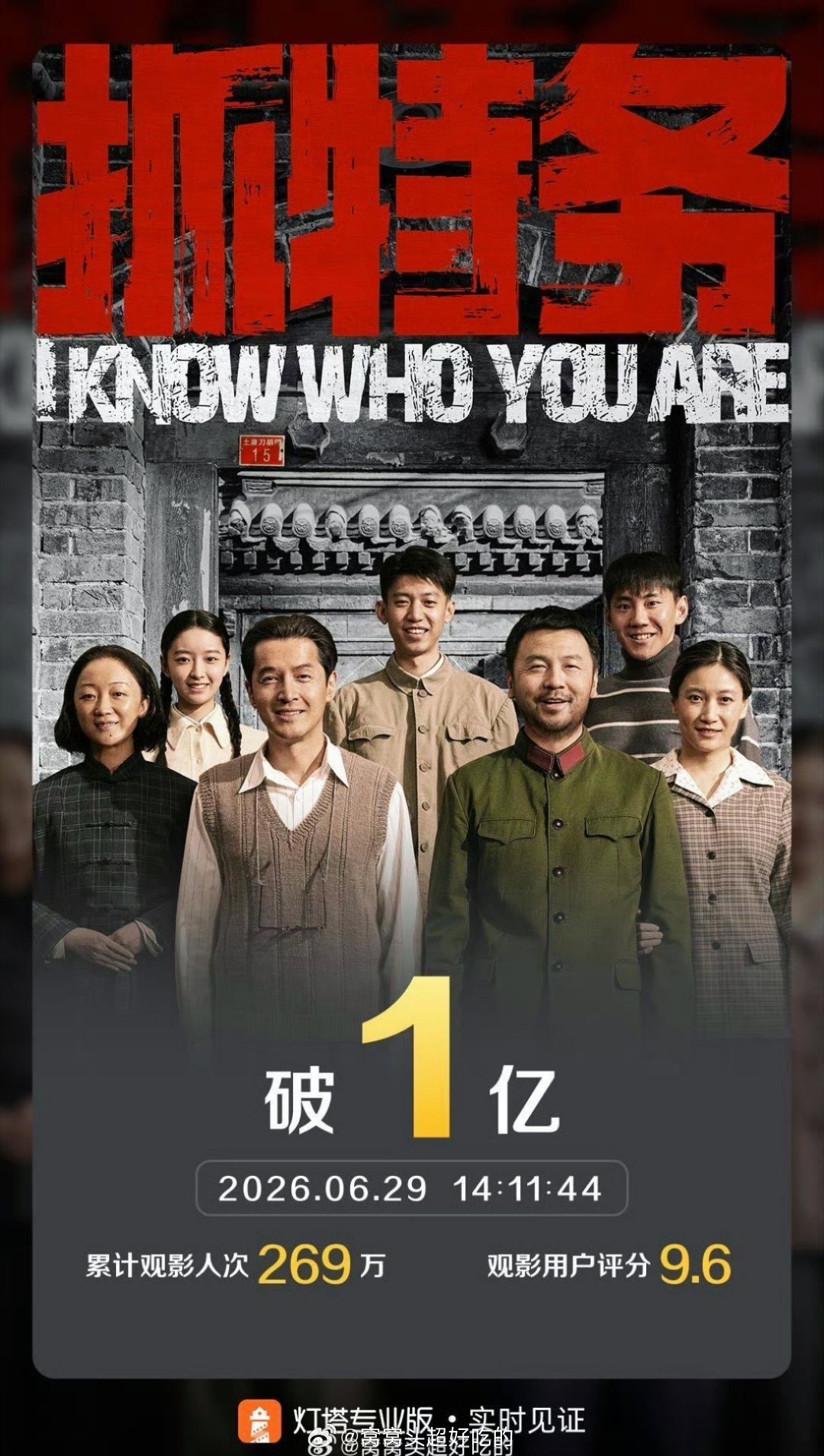 抓特务票房破亿 终于！舆论还是影响了片子的票房，否则应该更快破亿的。周末爸妈刚跟