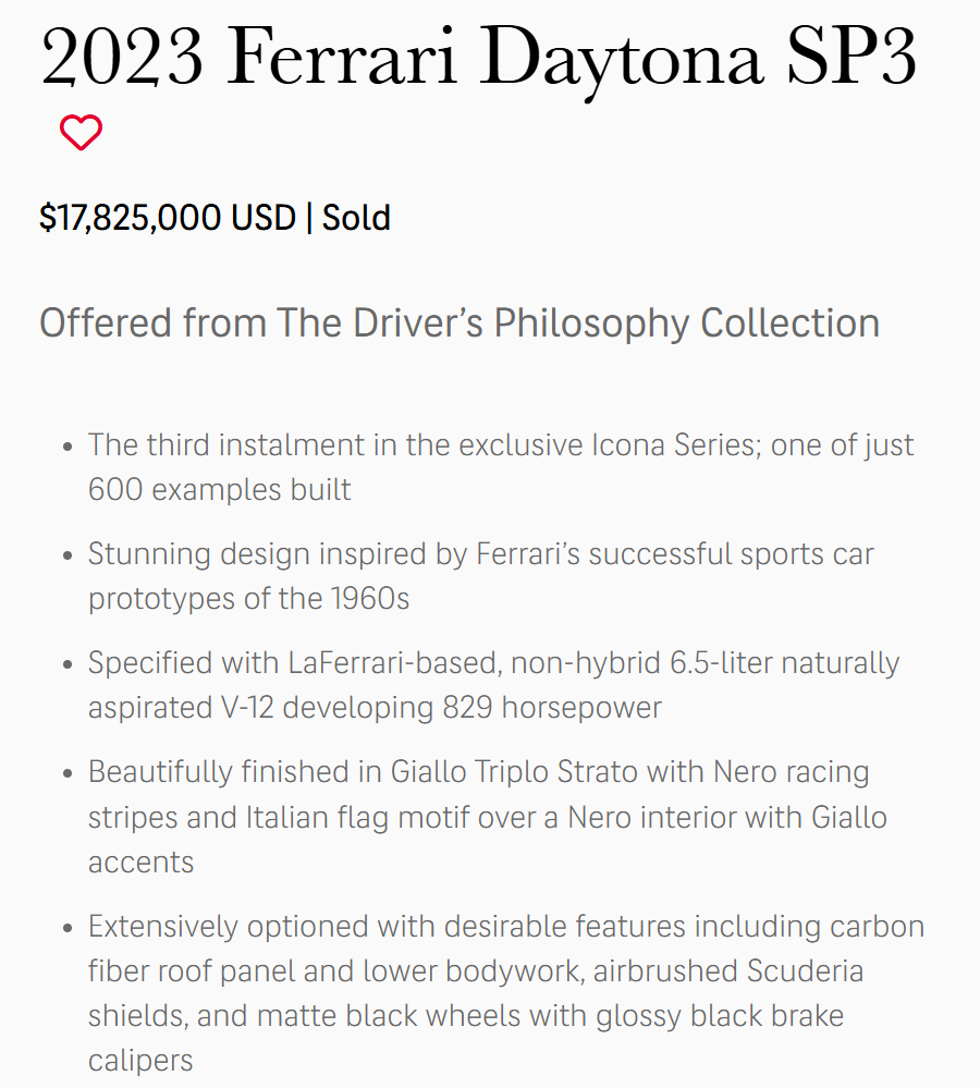 成交价1782.5万美元，约合1.2亿人民币，非慈善拍卖。Daytona SP3