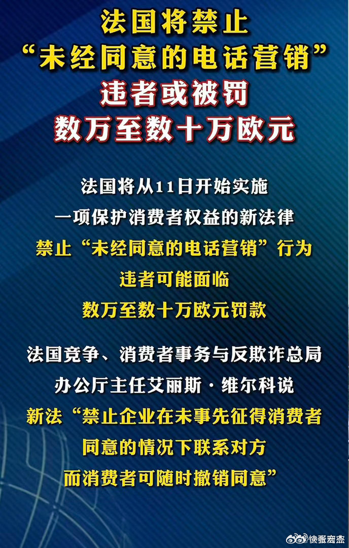 本月11日起，在法国，“未经同意的电话营销”行为，违者可能面临数万至数十万欧元罚
