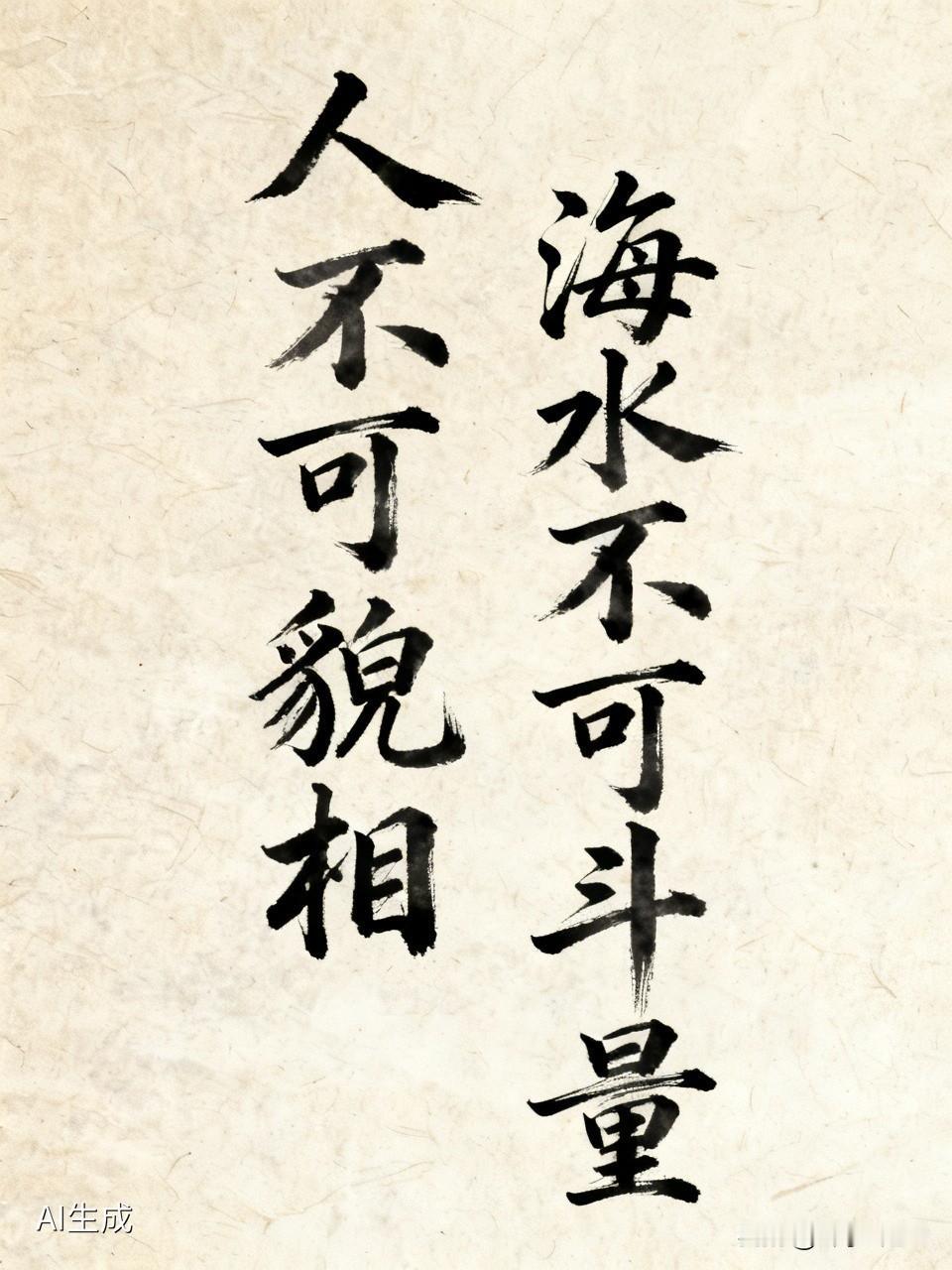 看到“人不可貌相”这一上联，我立马想到不少合适下联。“海水不可斗量”十分经典，与