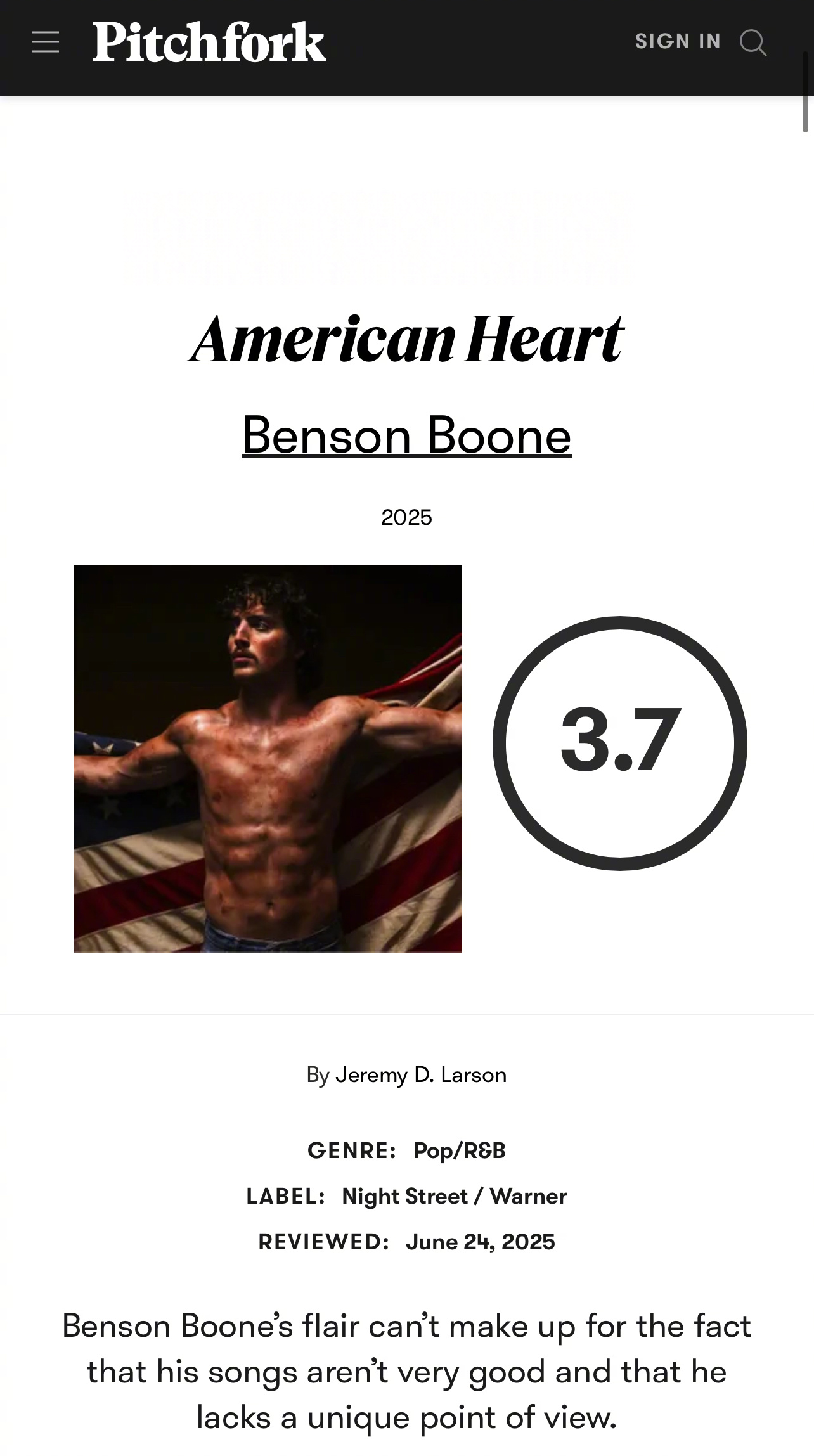 这是有多恨！婊叉Pitchfork给Benson Boone新专辑《Americ