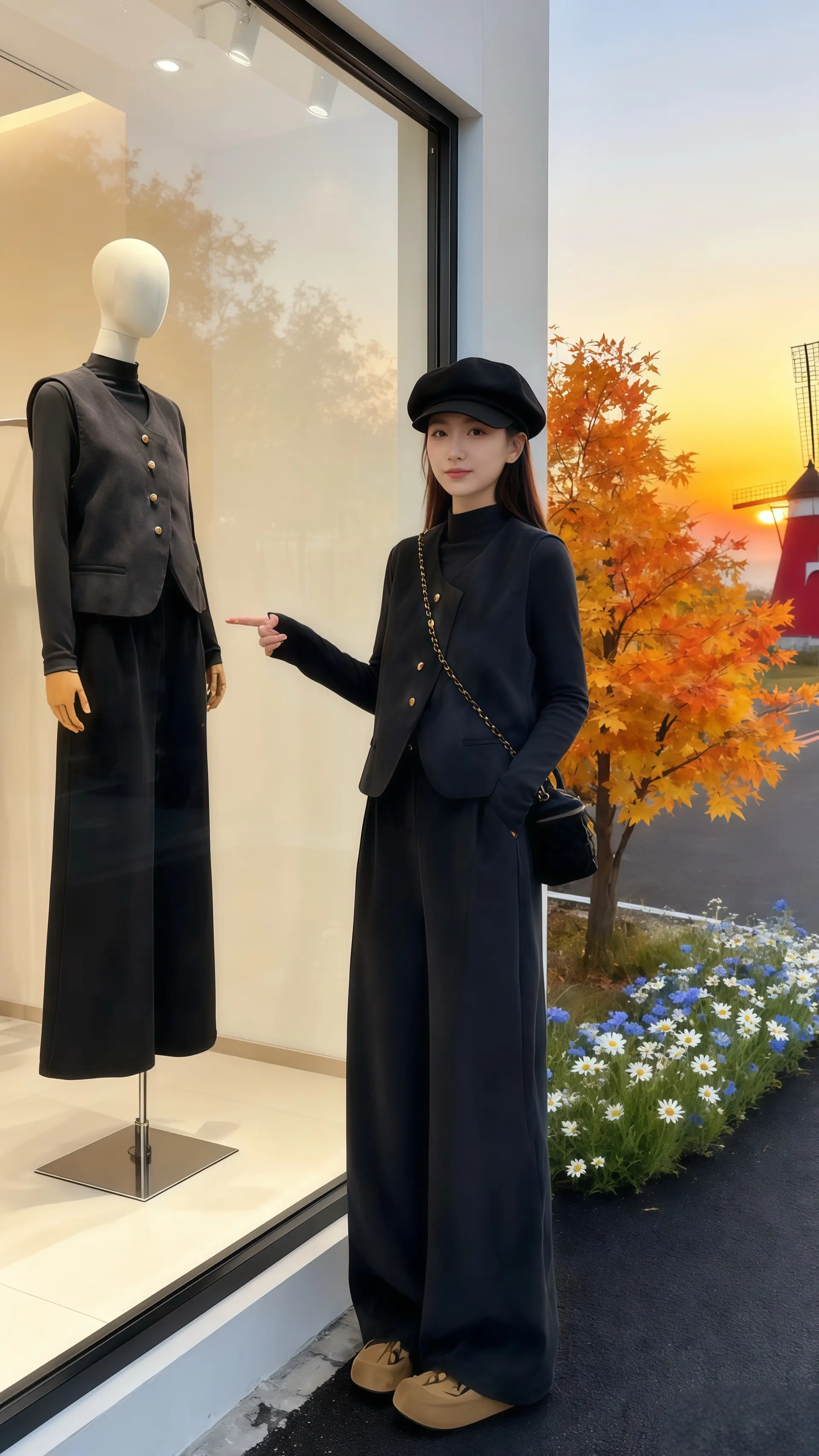 她穿着休闲灰色马甲阔腿裤三件套，在高级感女装店的落地窗前，将秋日氛围感...