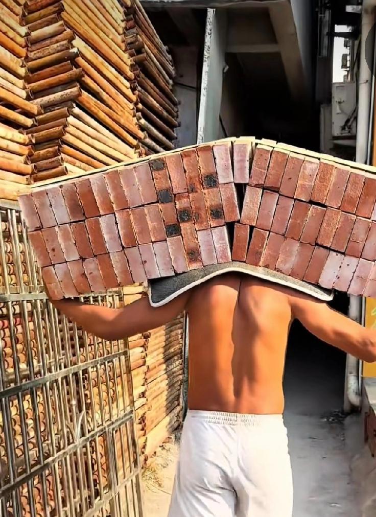 这红砖至少有五斤一只，扛在肩上的砖块少说有三百斤。这男士把它扛起来，并且能挪动步