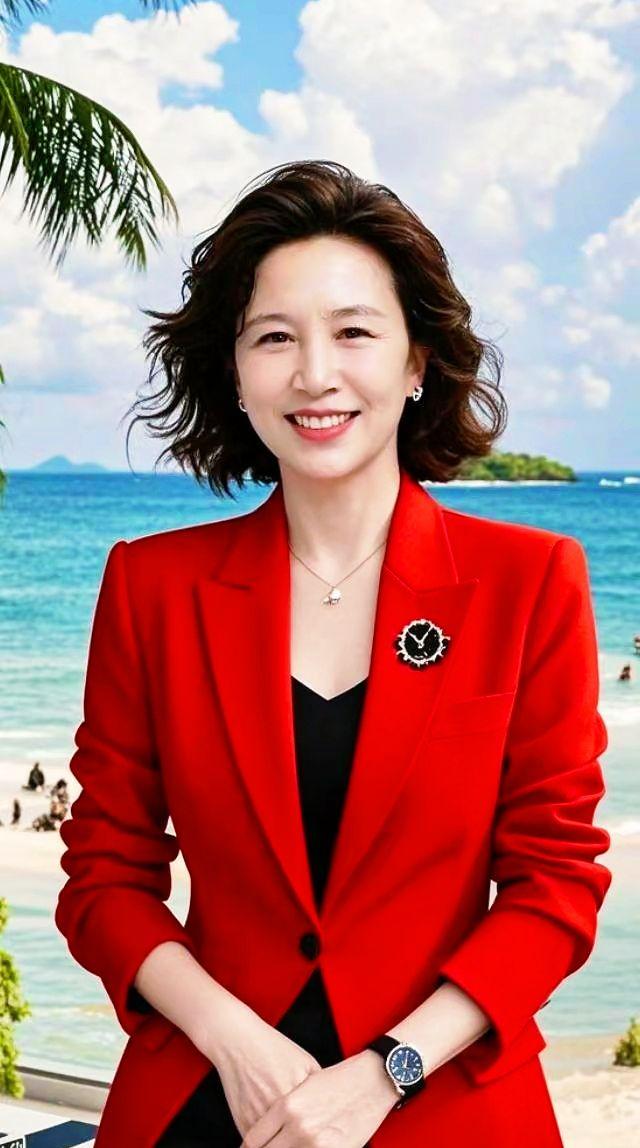 在海边的阳光下，红色的身影如同一团燃烧的火焰，点亮了整片沙滩。海浪轻轻拍打着岸边