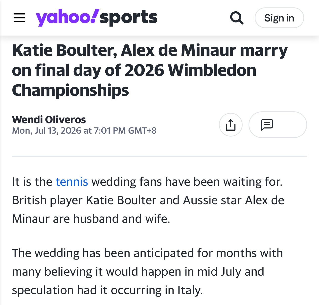 Yahoo sport 报道，德米纳尔和博尔特在昨天已经完婚啦！恭喜这对一直都很