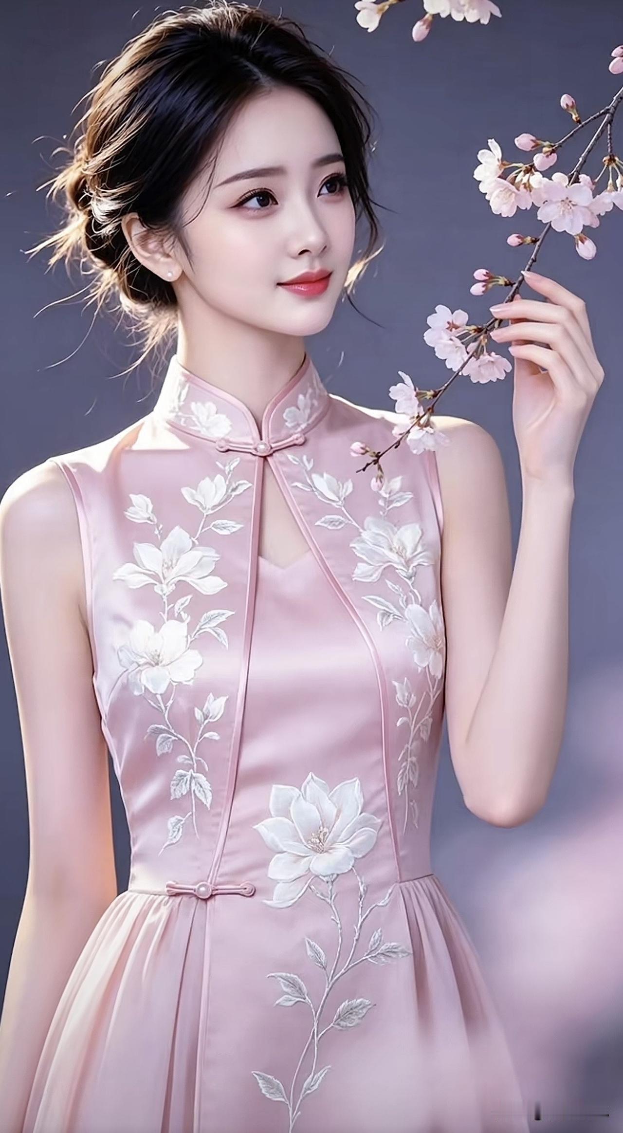 粉衣美人倚花枝，春意盎然入画来。粉裳花影照 粉裙花畔照 粉裙花畔照 粉裳花影 粉