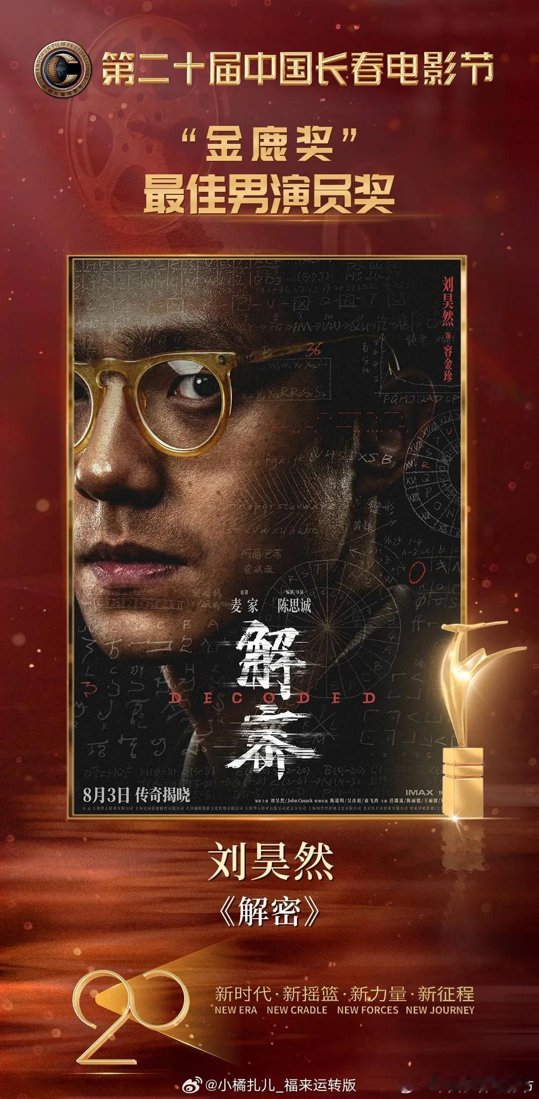 刘昊然凭借电影《解密》获得金鹿奖最佳男演员。
看时候完全认不出他居然是刘昊然。1