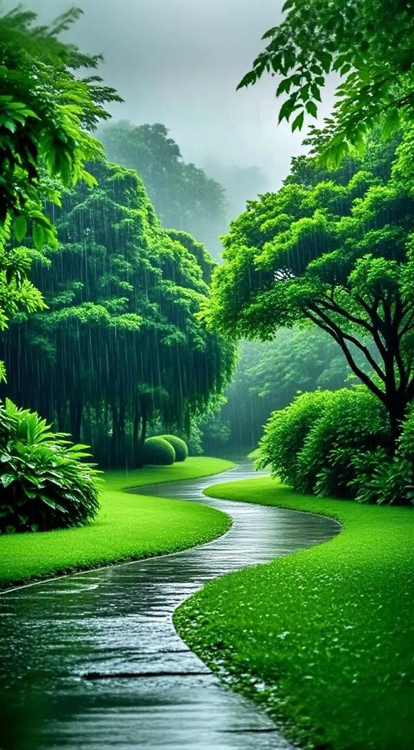 雨润林间满径清
 
雨丝细密地织进整片林海，把周遭的喧嚣都悄悄消解在湿润的风里。