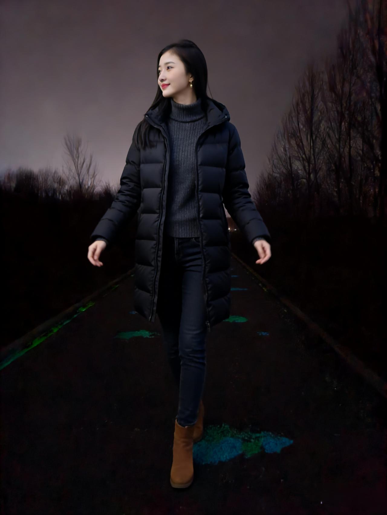 黑羽寒衣遮晓寒，灰绒高领护清欢。
深蓝牛仔缠云影，浅褐短靴踏玉盘。
树影横斜遮野