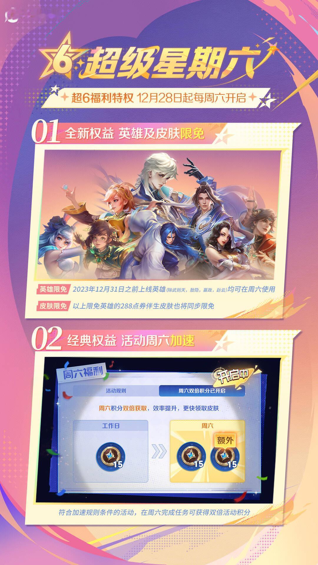 王者超级星期六明日开启！全英雄和皮肤免费体验，除点券英雄及对应半生皮外。[打ca