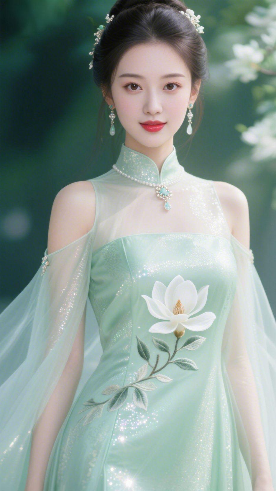 青衿揽清风
 
一袭青绿色改良旗袍，揉碎江南春水的清润，撷来枝头玉兰的淡香。立领