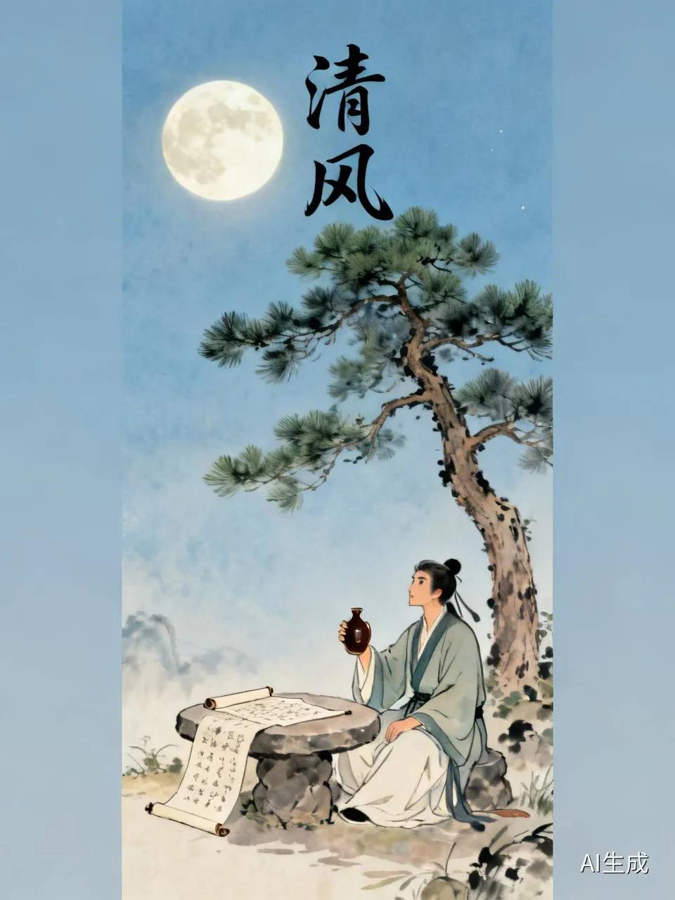 古人对月铭志，松树下饮酒作诗。
一朝考得功名，大展宏图志愿。