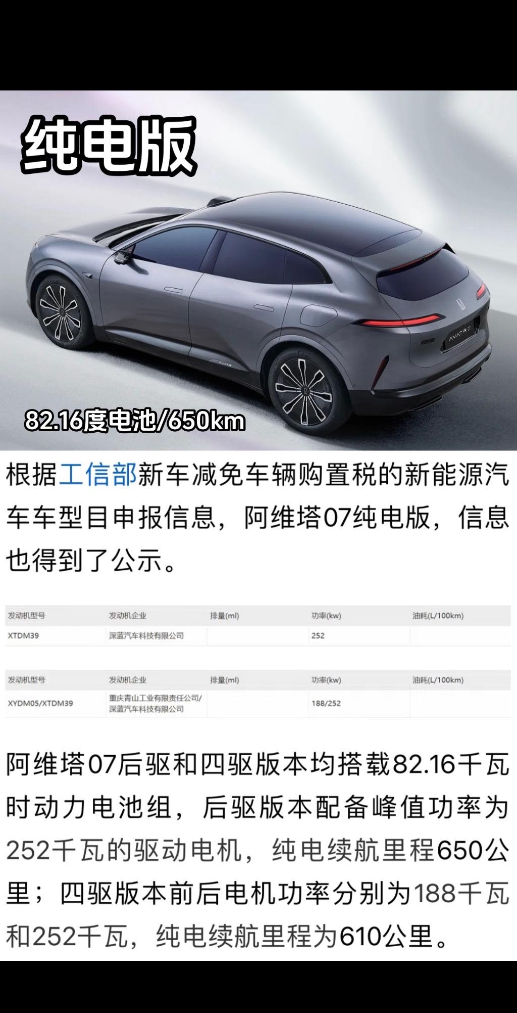 爆料！工信部公示阿维塔07纯电续航信息。纯电版搭载82.16kWh电池包，续航里程分别为 650km和610km。增程版搭载39.05kWh电池包，纯电续航里程188km和178km，综合续航里程能突破1200km吗？上市时间越来越近了，到底买纯电还是增程？价格多少愿意上车啊？评论区聊聊