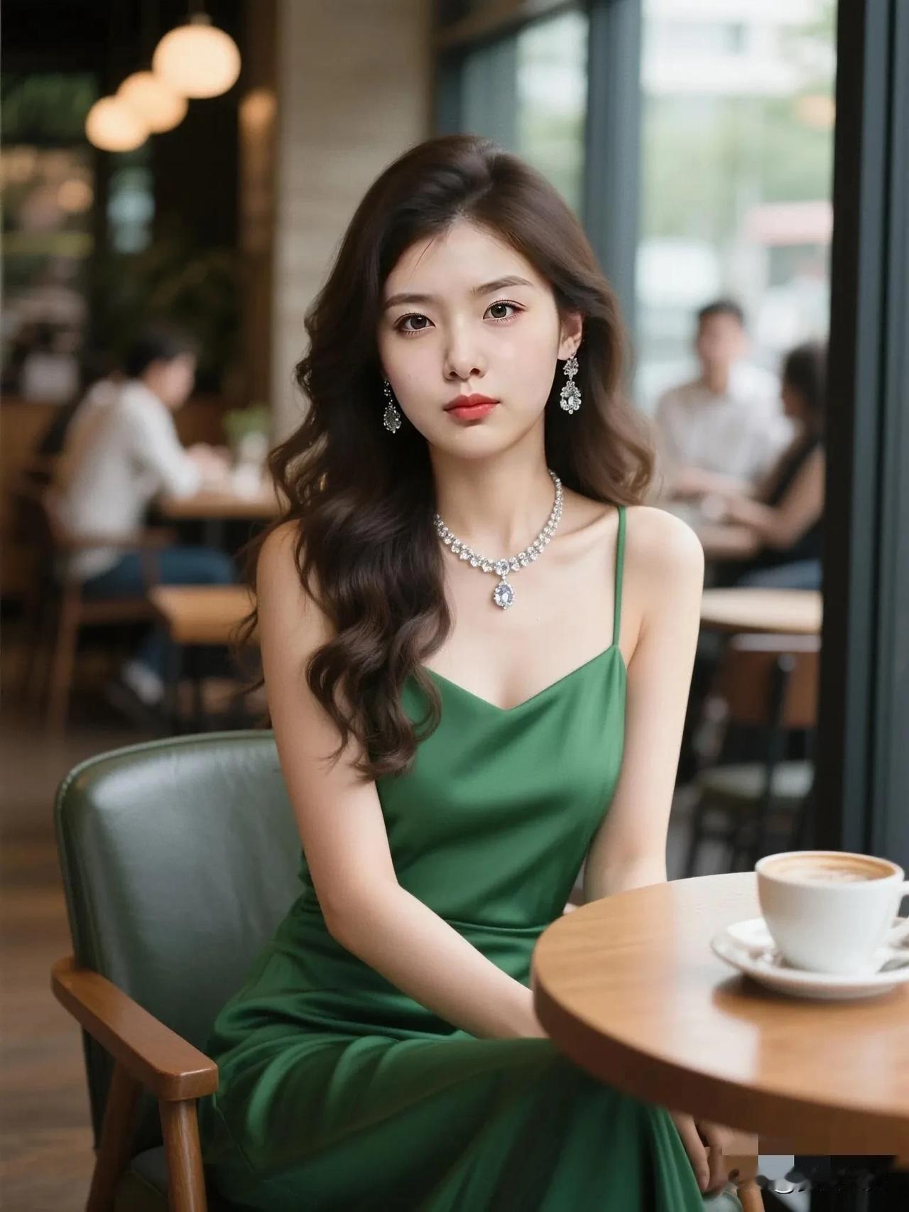 绿衣美人坐，咖啡香满怀。
