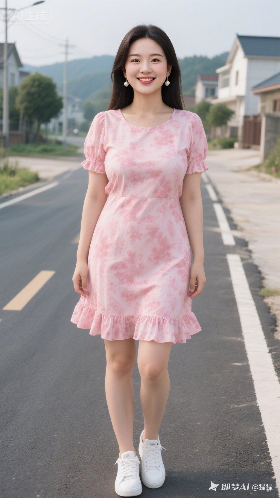 一个穿粉色连衣裙的女孩站在路上。
