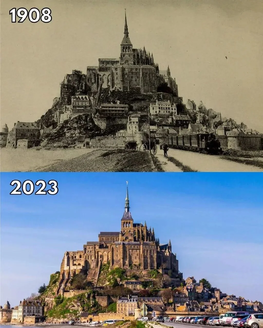 法国圣米歇尔山，1908年和2023年的对比。