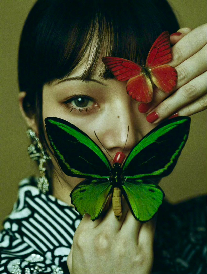 “成为蝴蝶是神的应许。”2023年，小松菜奈登上《时尚芭莎》日本版的一幅艺术写真