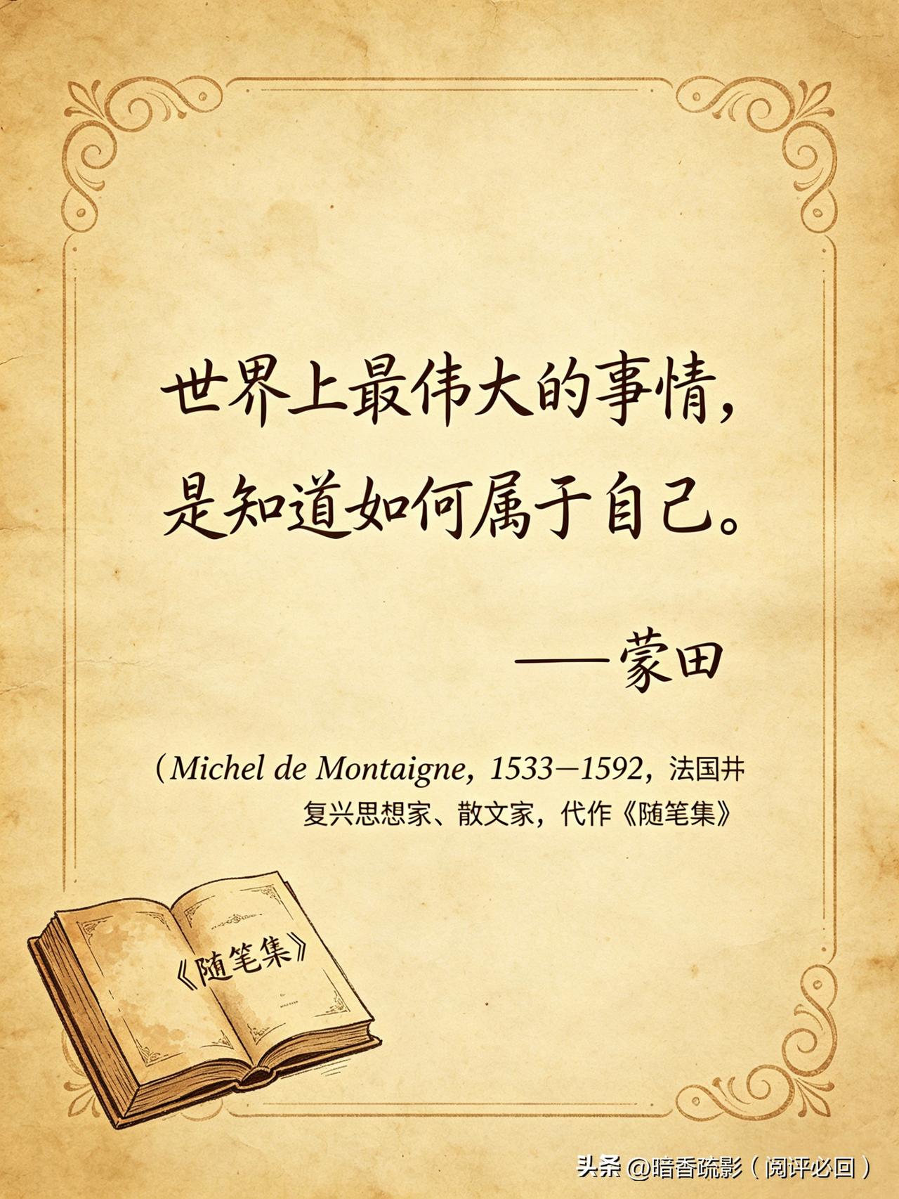 【名人名言】

世界上最伟大的事情，是知道如何属于自己。

—— 蒙田（Mich