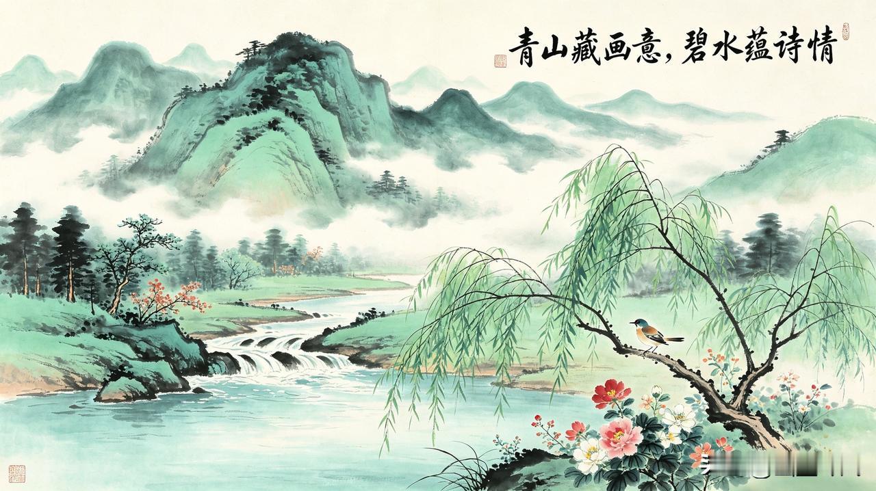 下联：碧水蕴诗情
 
五言八句诗
 
青山藏画意，碧水蕴诗情。
林深云漫卷，溪静