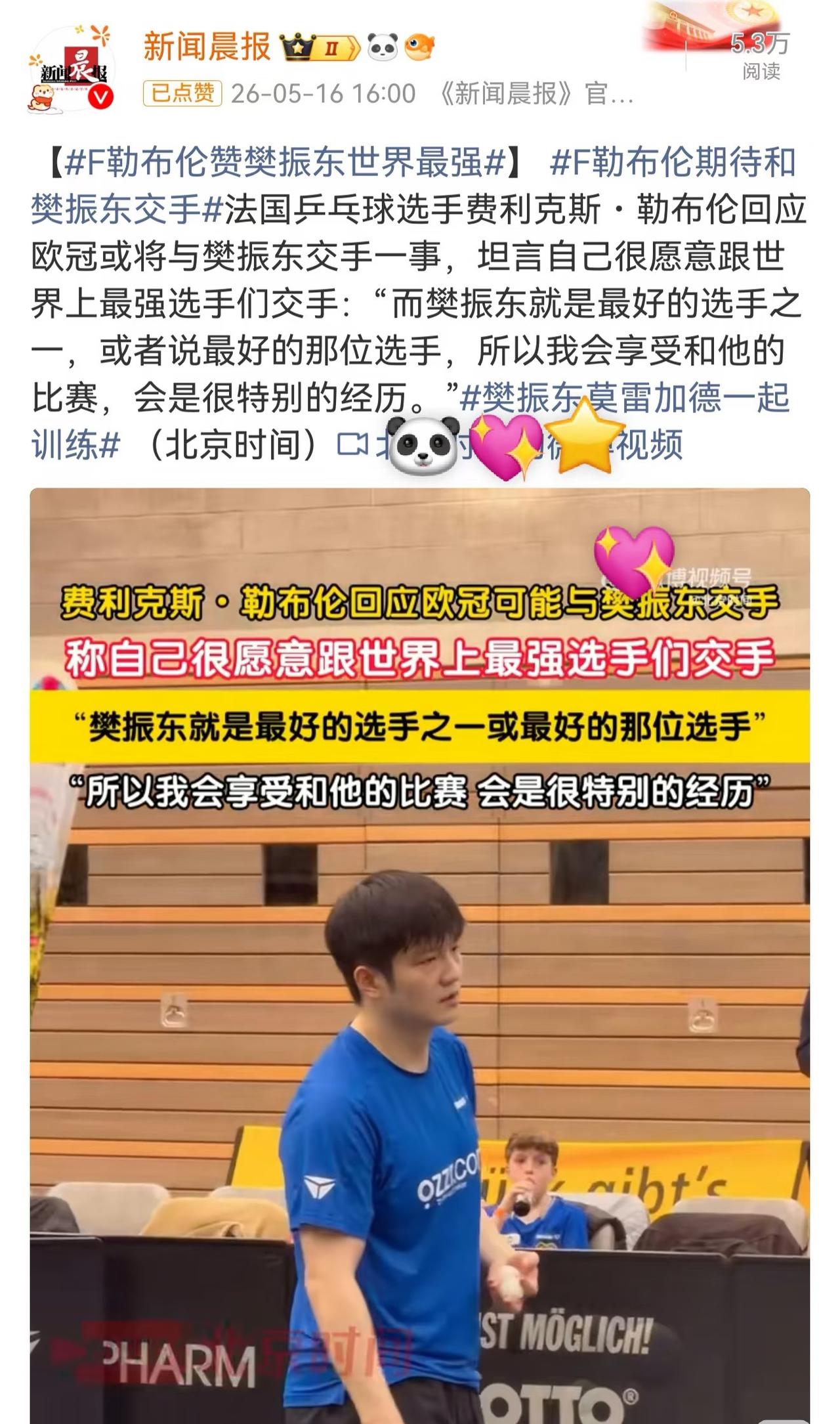 小勒布伦称赞樊振东是世界最强选手：欧冠半决赛即将打响，
小勒布伦在赛前采访中表示