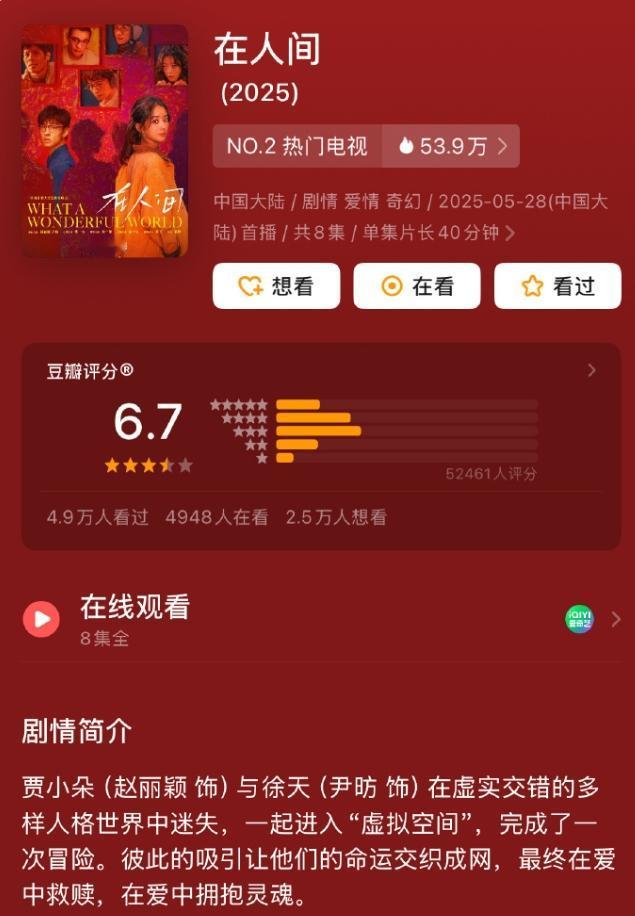 赵丽颖《在人间》豆瓣开分6.7分，5万人打分
不说长剧，和微尘剧场《我的阿勒泰》