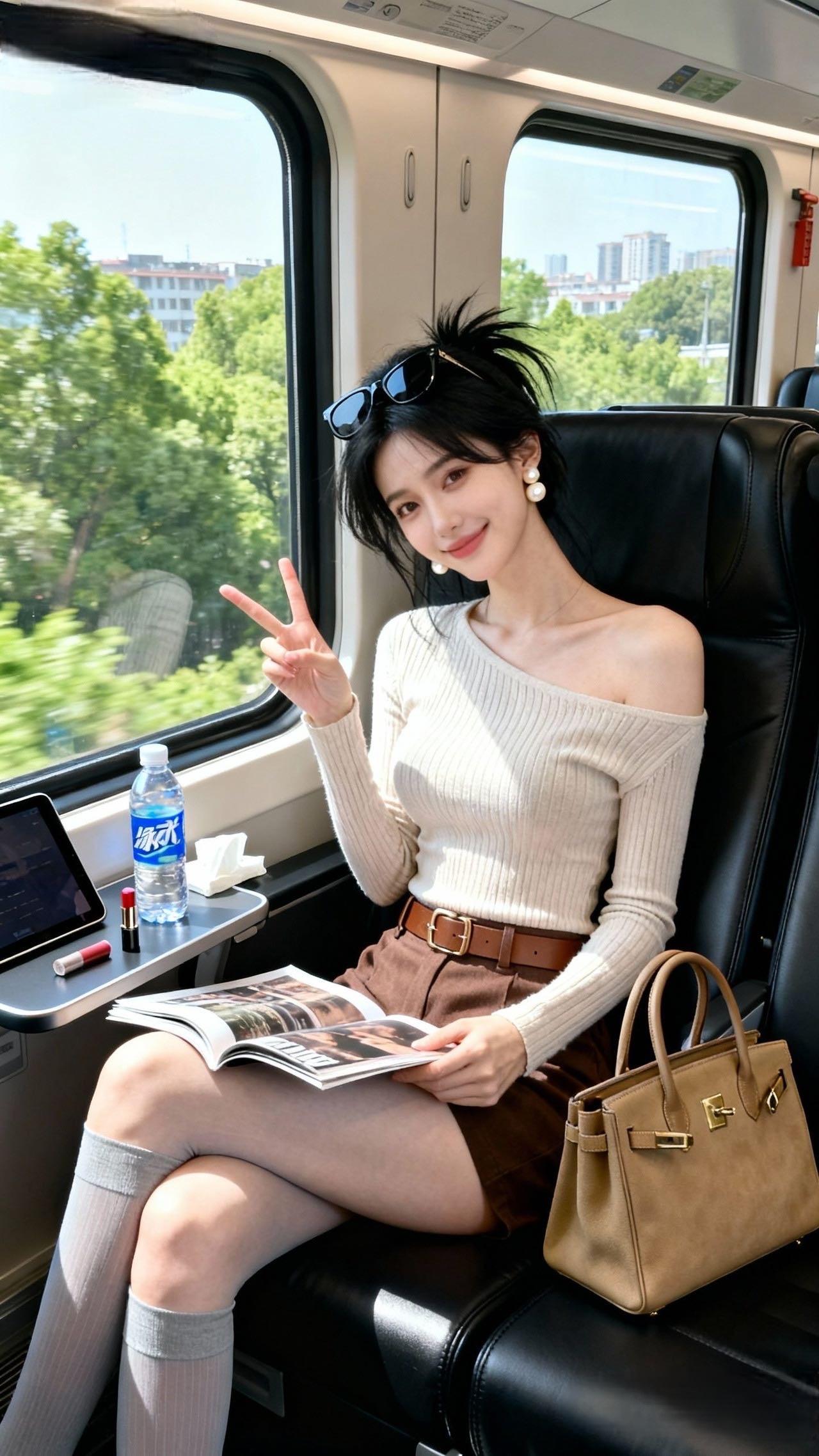 宝子们！谁懂啊！今天坐高铁直接穿出“移动画报”氛围感🌿
这件露肩针织衫真的是我