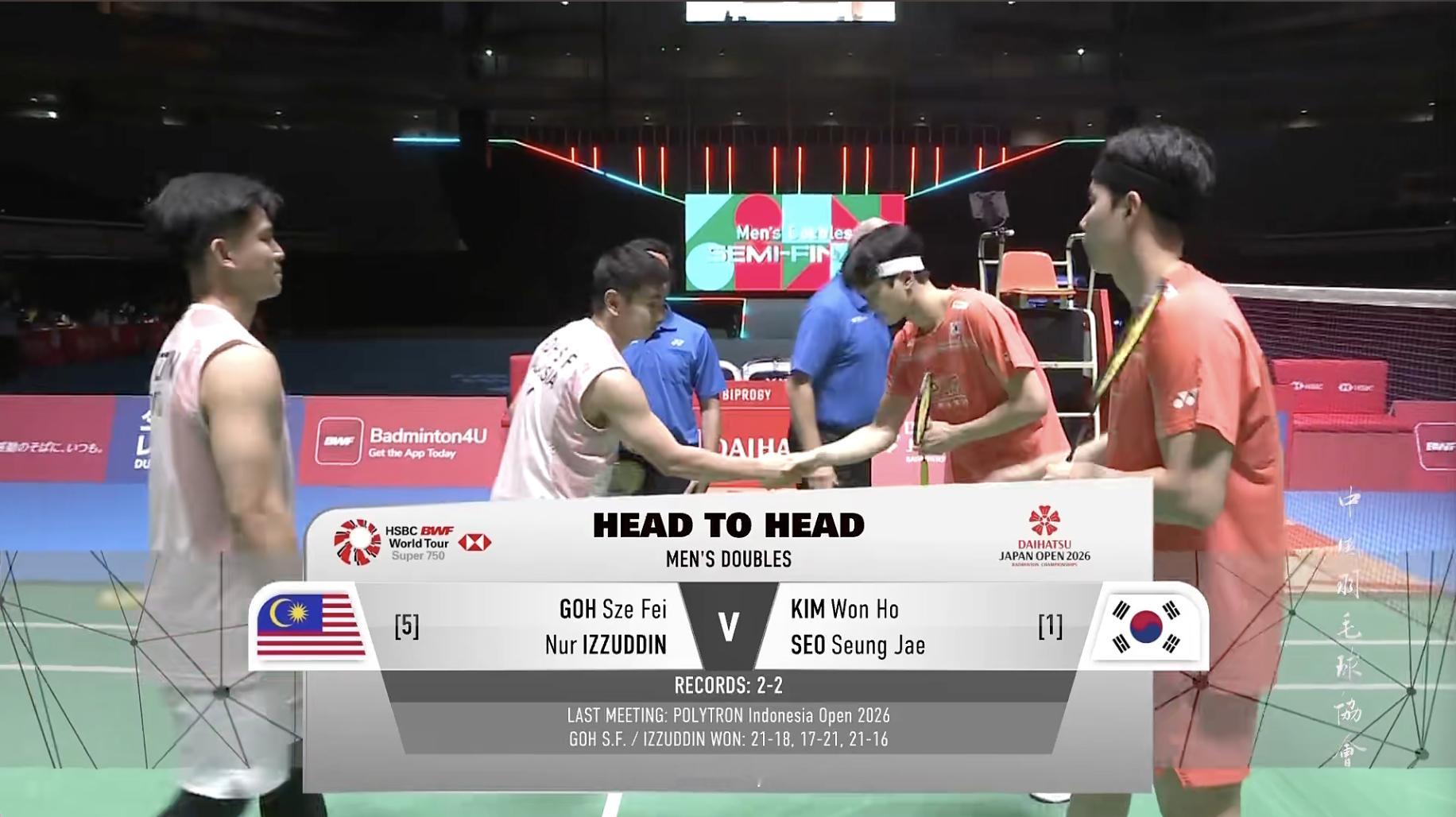 男双半决赛马上开始：金元浩/徐承宰🇰🇷 vs 🇲🇾吴世飞/伊祖丁，此前双