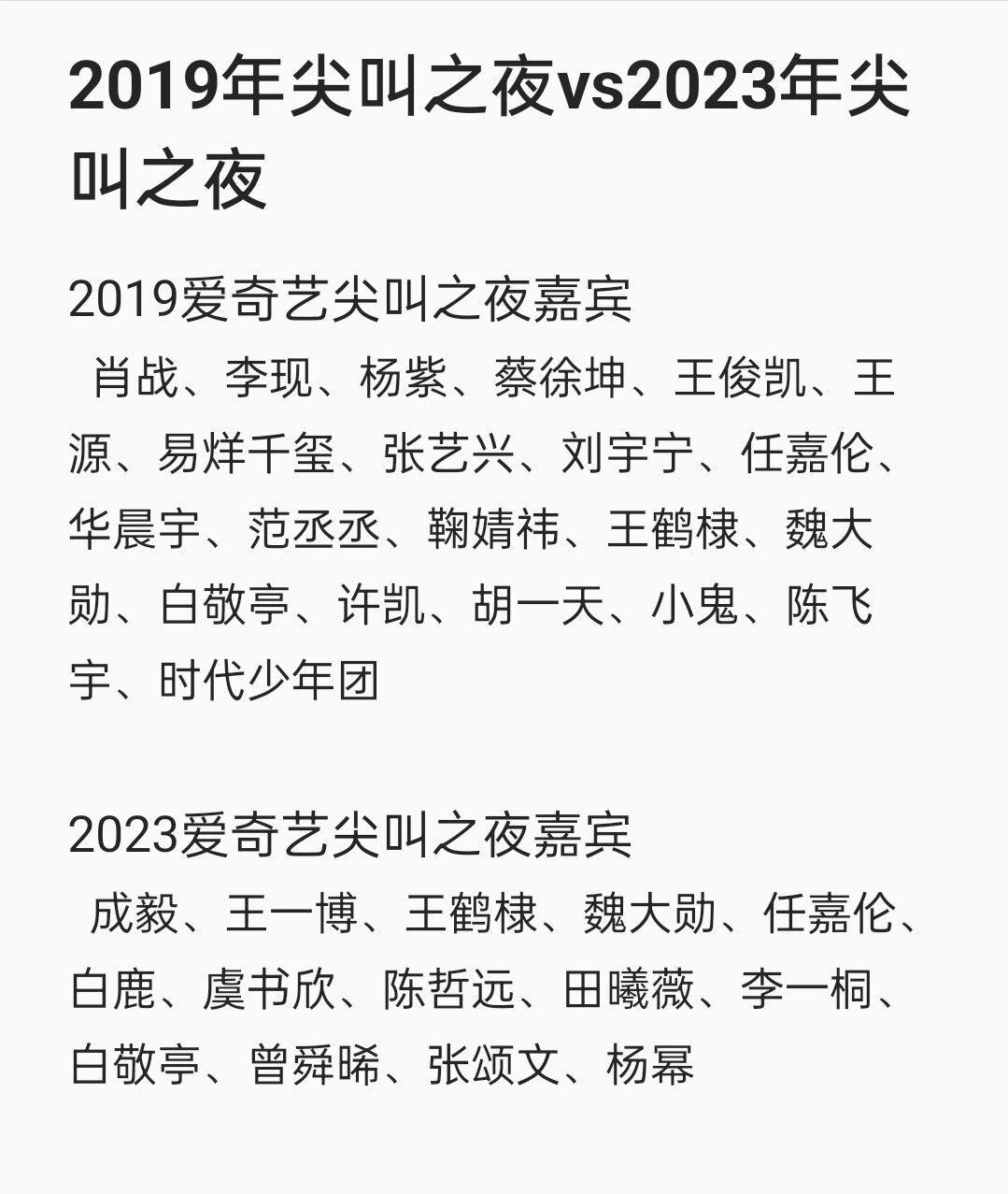 看到内娱更新换代，真感慨自己老了19年尖叫之夜VS23年尖叫之夜名单，能看出85
