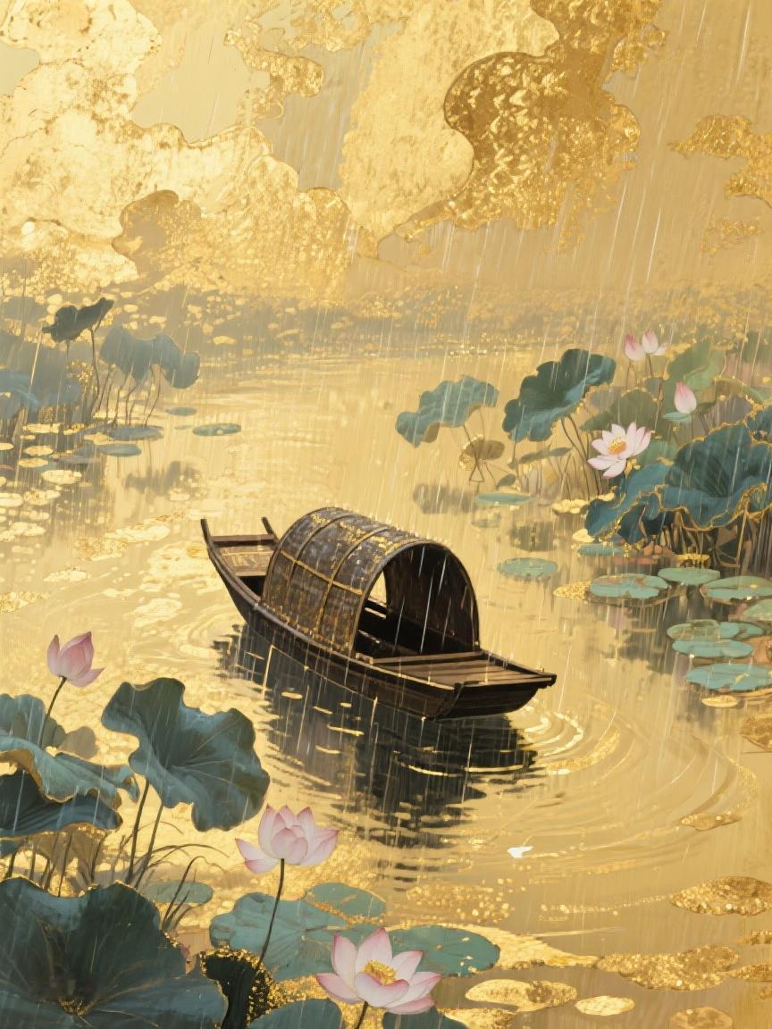 #AI妙生图#在金色雨幕里，荷池轻舟漾波，时光于此慢下，静悟岁月诗意之美🌾