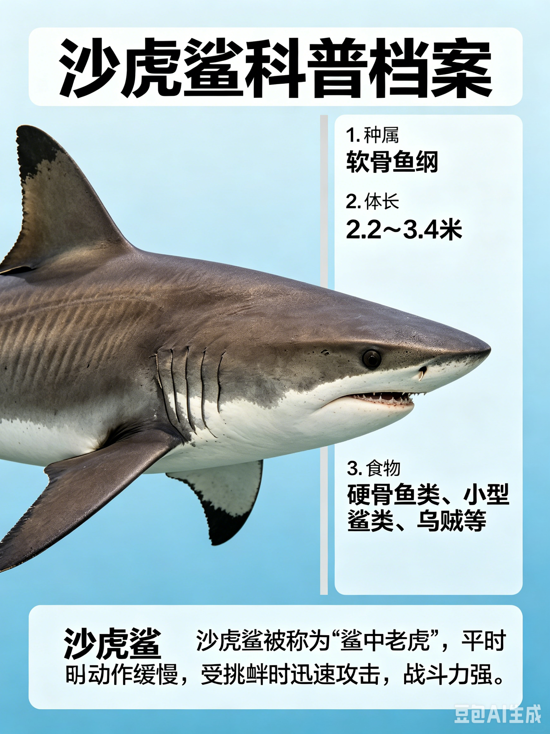 海洋朋友圈 沙虎鲨海洋档案种　属：软骨鱼纲体　长：2.2～3.4米食　物：硬骨鱼