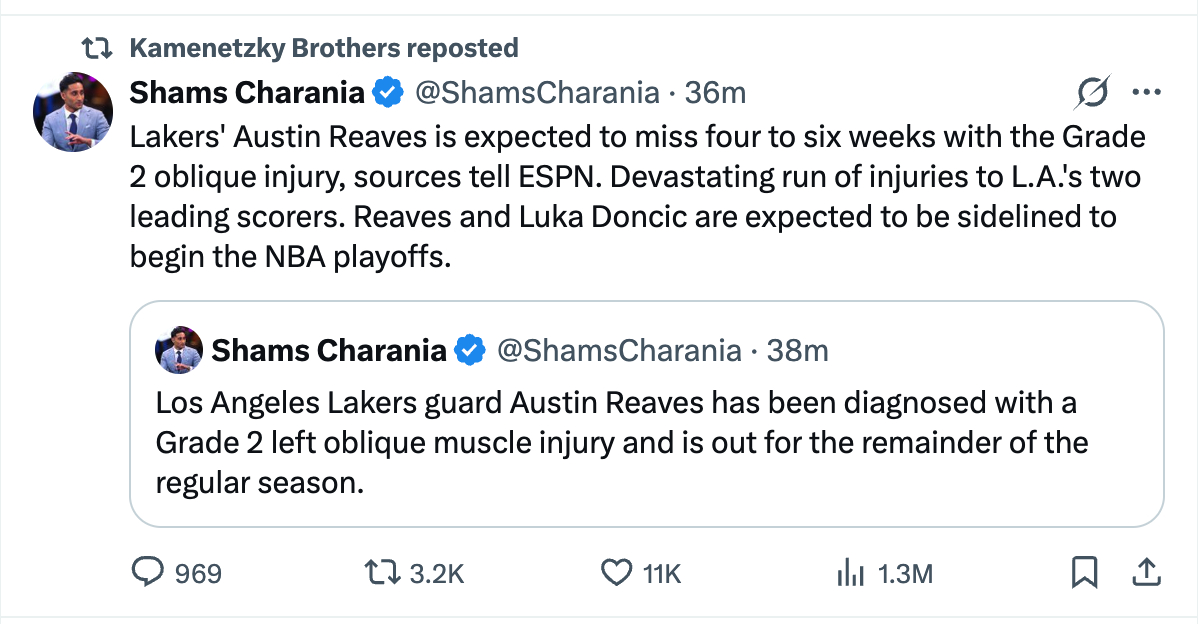 里弗斯也没了，湖人医疗团队和教练组的想象力真是丰富啊，成就无与伦比，可以竞争历史