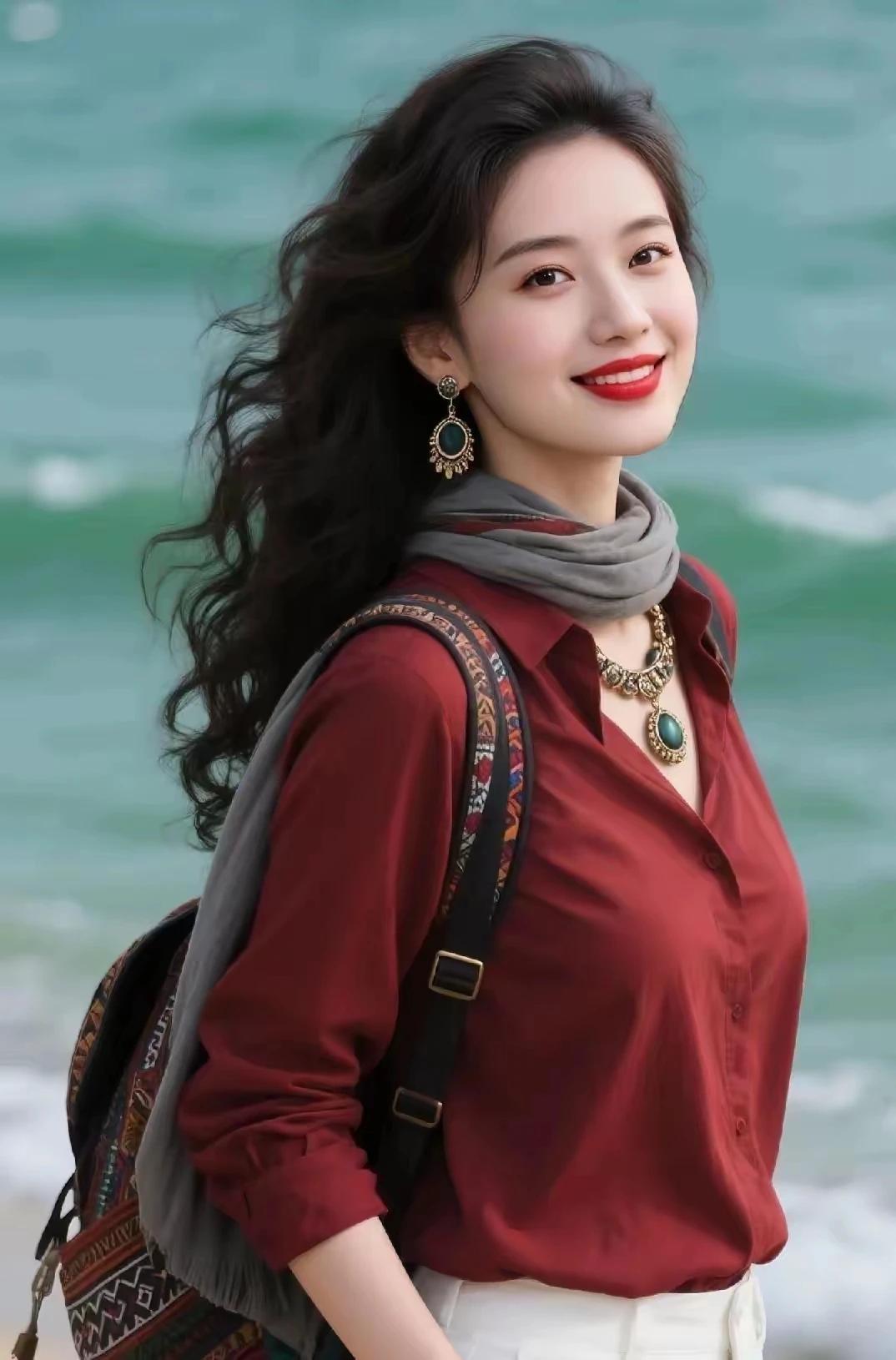 春风拂面心花开，
心旷神怡看大海。
乌发飘逸容颜靓，
眸若秋水韵自来。