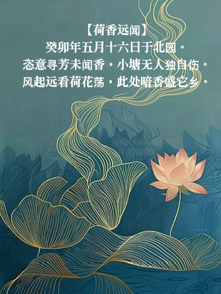 【荷香远闻】癸卯年五月十六日于北园。恣意寻芳未闻香，小塘无人独自伤。风起远看荷花