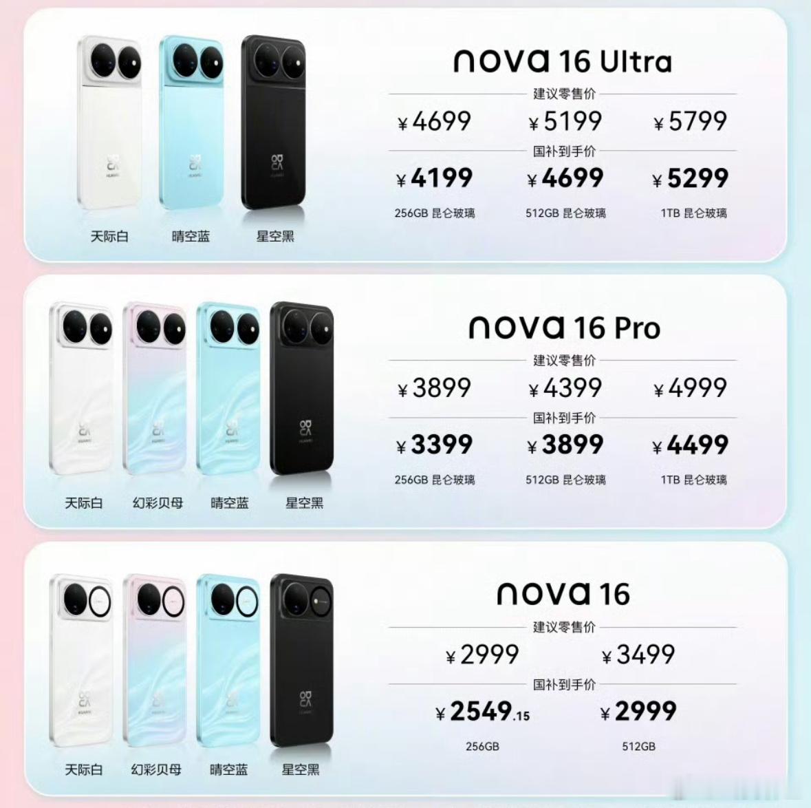 华为nova16价格华为nova 16系列（国补后）价格来了，这一代全系搭配麒麟