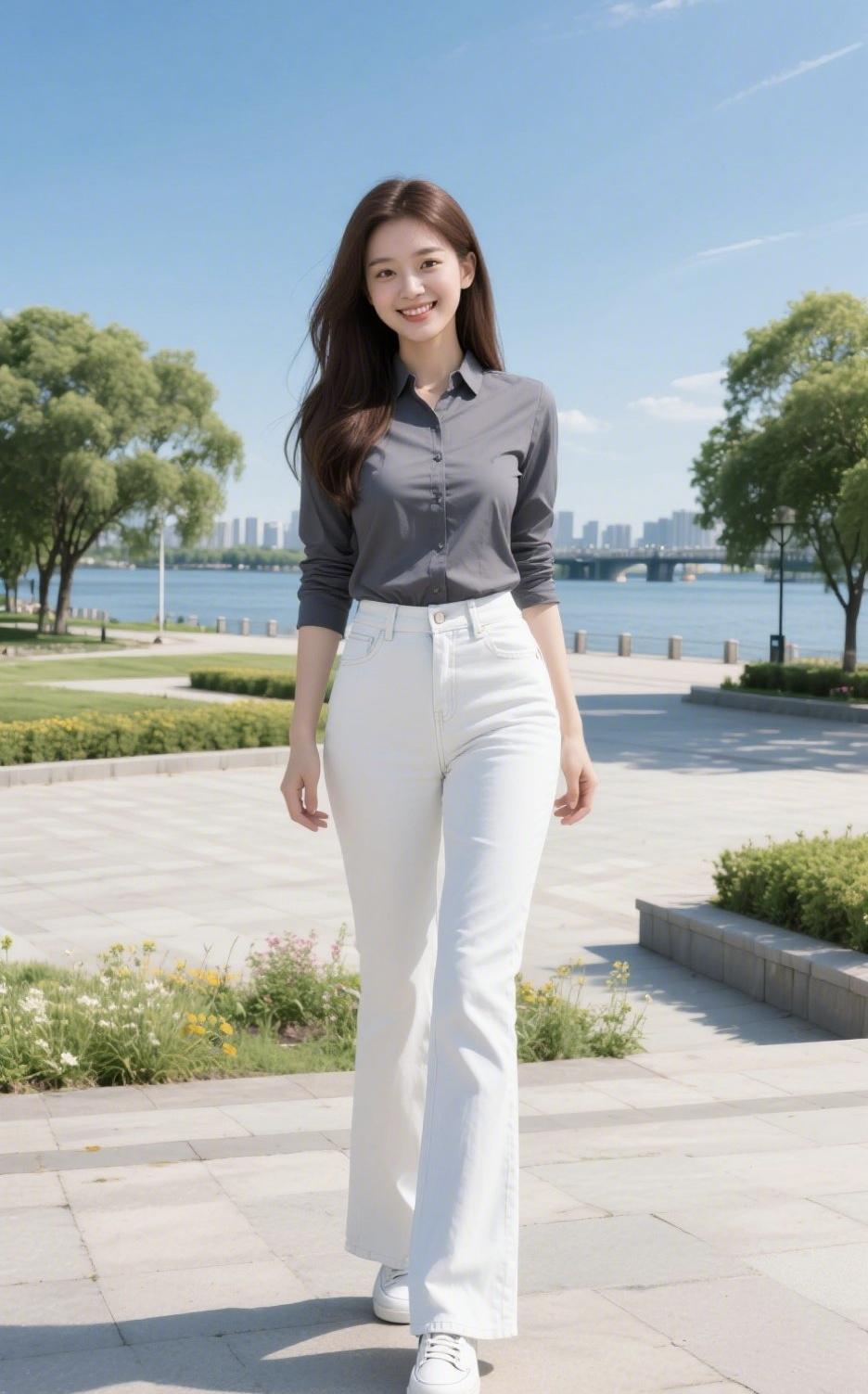 《晴风里的步履》
 
晴光漫过滨江的石阶
风，掀动灰衬衫的衣角
长发在肩头，漾开