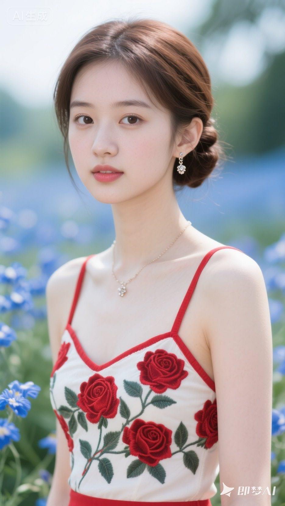 夏日清新少女，玫瑰印花连衣裙，自然光线下绽放美丽。