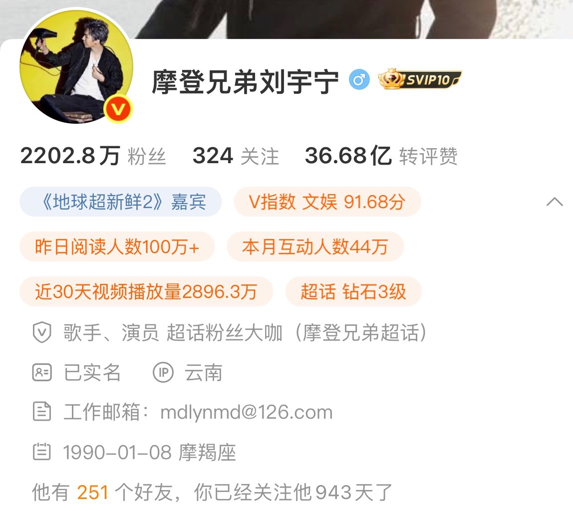 我这个钻粉关注943天离最高等级还要好久啊铁粉值1314冲啊刘宇宁粉丝等级摩登兄