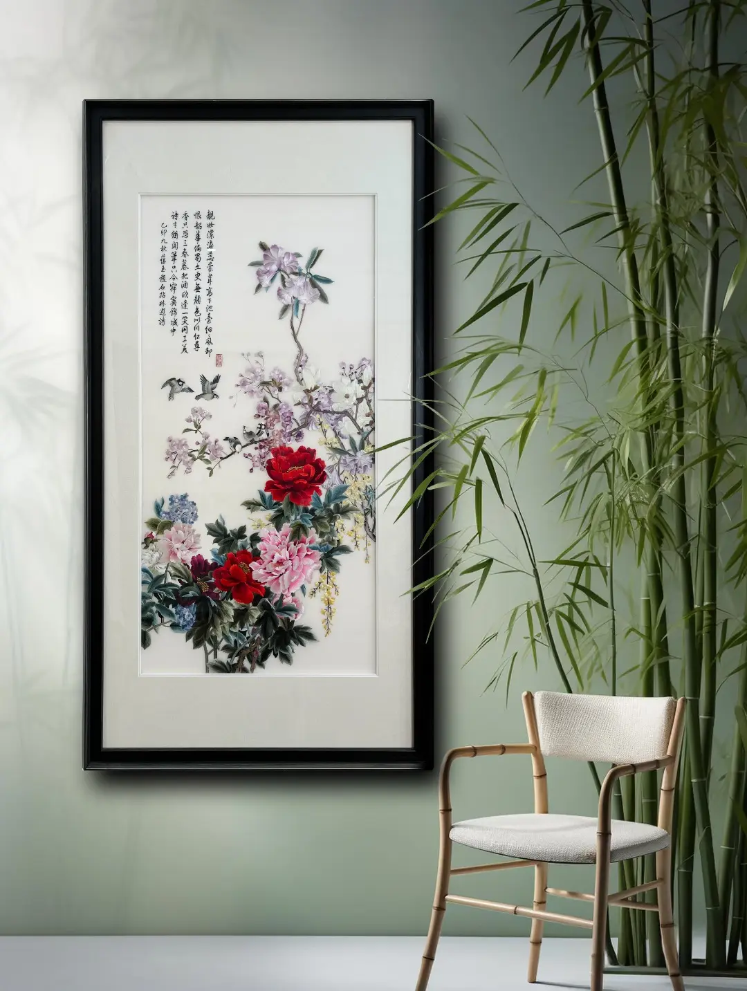 一幅苏绣，藏着四季的美好。   牡丹富贵，喜鹊报喜，海棠优雅，绣球圆满