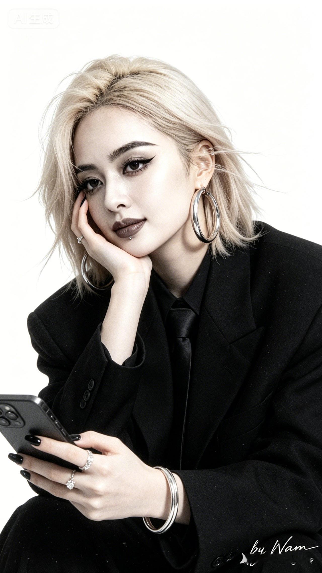 黑西装搭配大耳环，自信的姿态，尽显都市女性魅力！