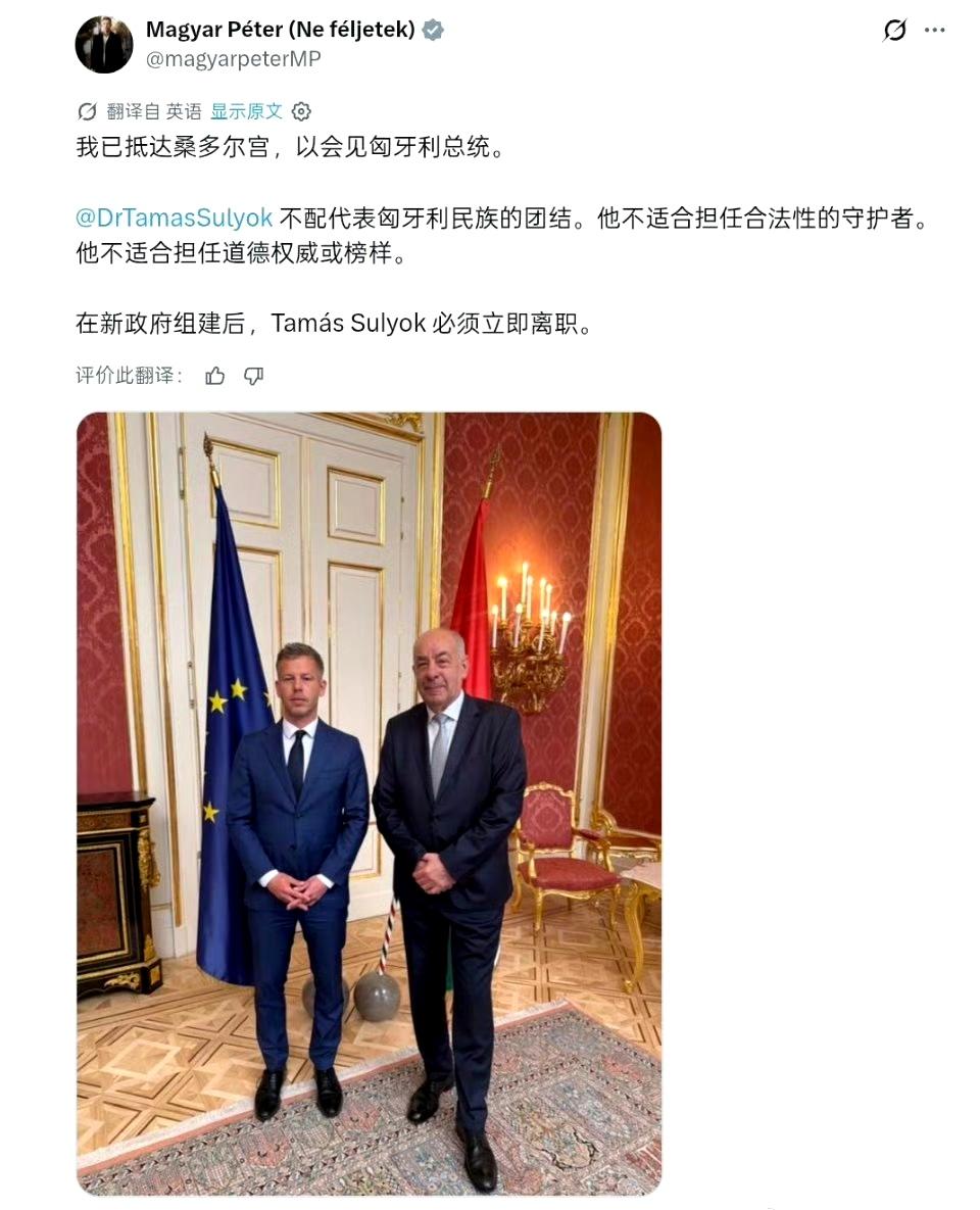 匈牙利候任总理毛焦尔·彼得会见了匈牙利总统，双方合影留念。

随后却发帖公开指责