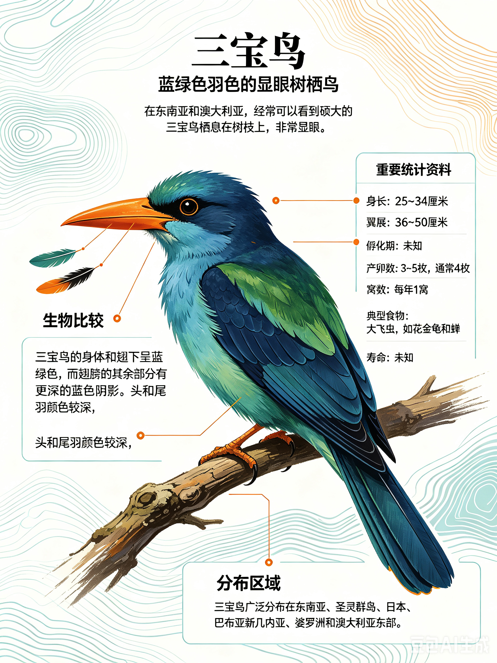 鸟类朋友图鉴 三宝鸟在东南亚和澳大利亚，经常可以看到硕大的三宝鸟栖息在树枝上，非