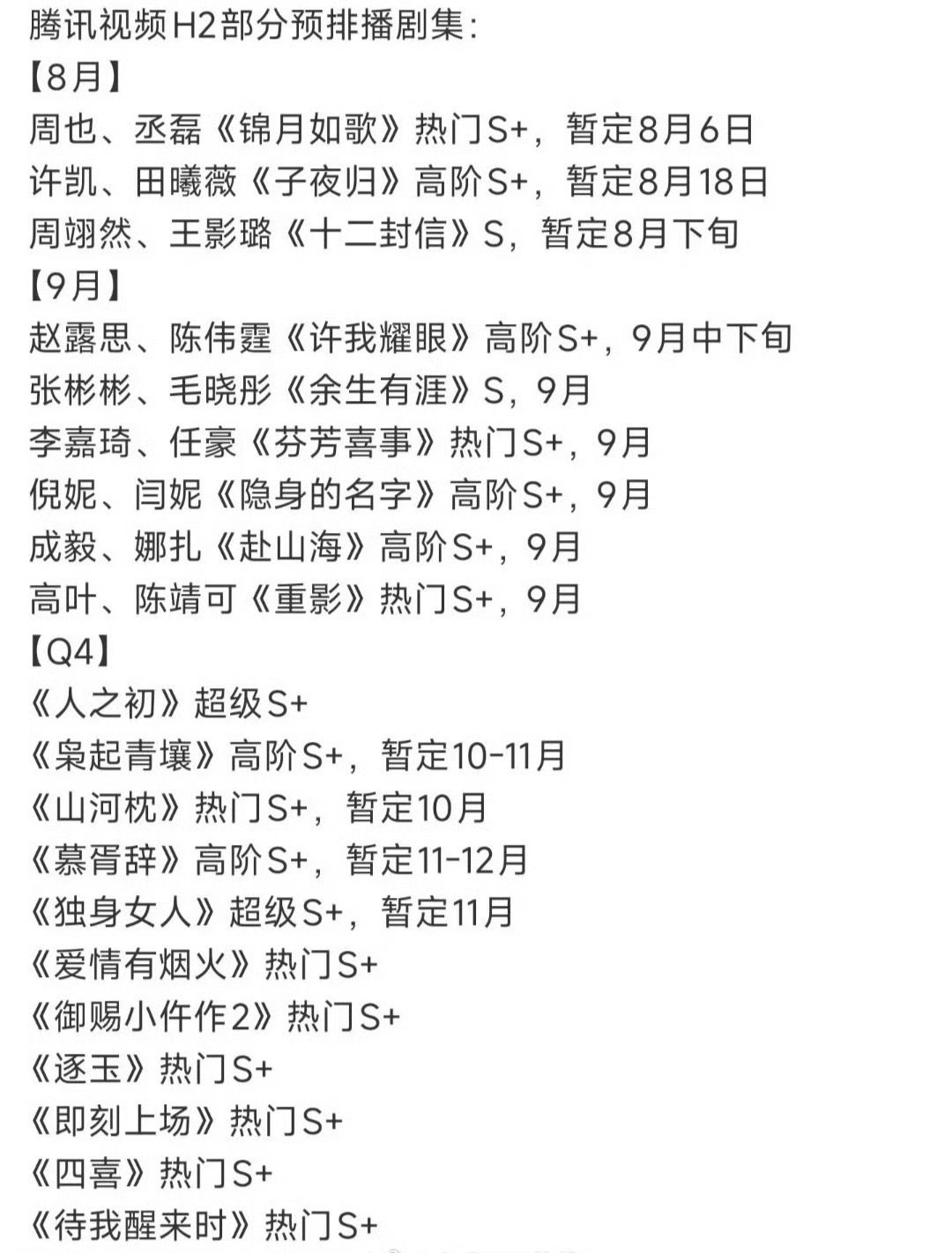 🐧H2部分预排播剧集： ​​​
