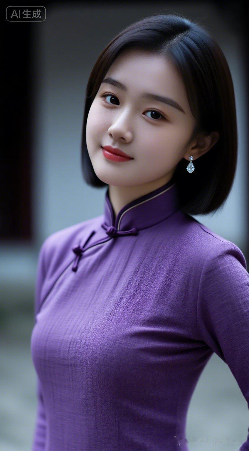 东方鹅蛋脸黑短发女子，身姿曼妙曲线玲珑，肤白细腻清冷气质。身着紫色盘扣斜襟麻料紧